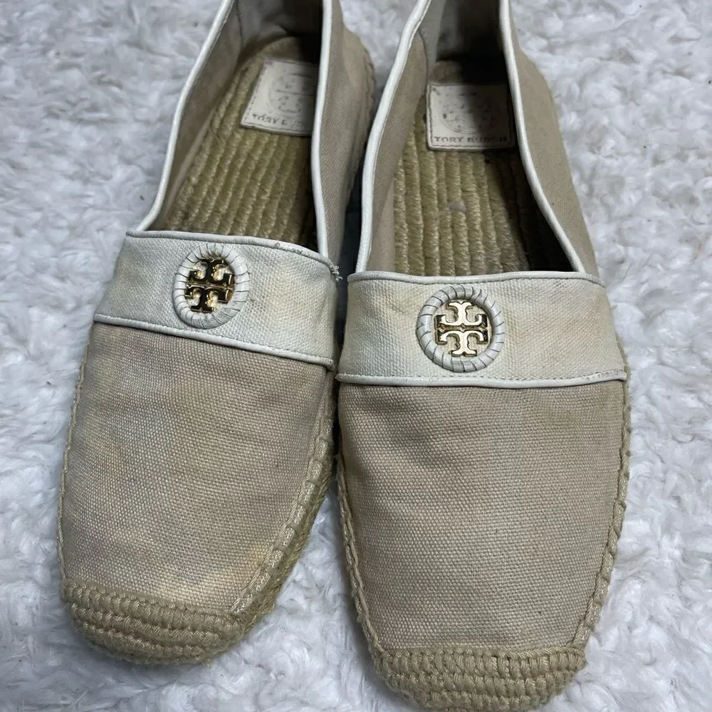 Tory Burch Canvas Khaki & beige espadrilles slip on gold tone logo accent SZ9.5